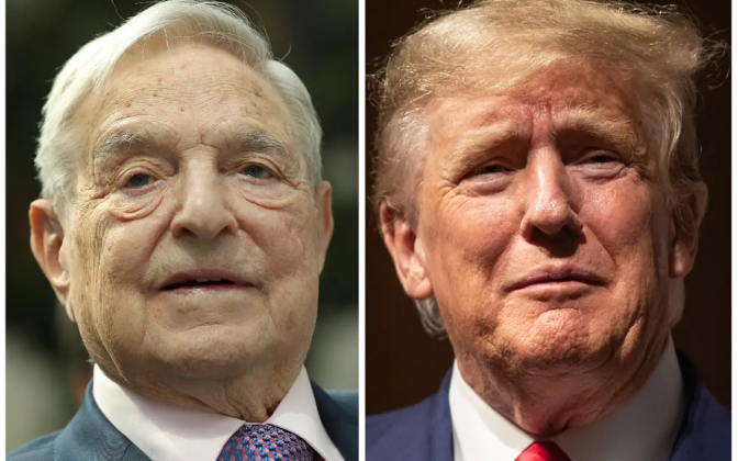 Side by side pictures of George Soros and Donald Trump