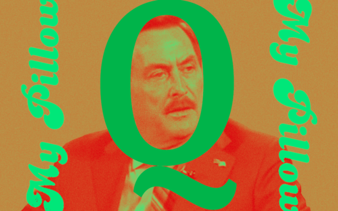 A picture of Mike Lindell with the letter Q around him.