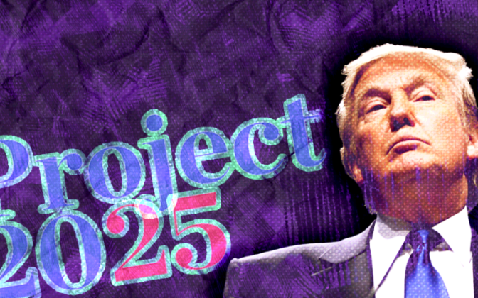 A picture of Donald Trump with the word Project 2025 behind him.