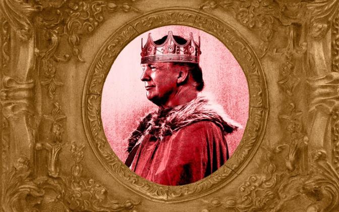 An image of a gilded frame with Trump in the center with a crown on his head.