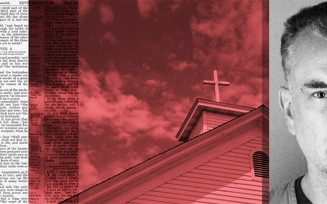 a collage of a church, the headshot of the shooter, and a text block